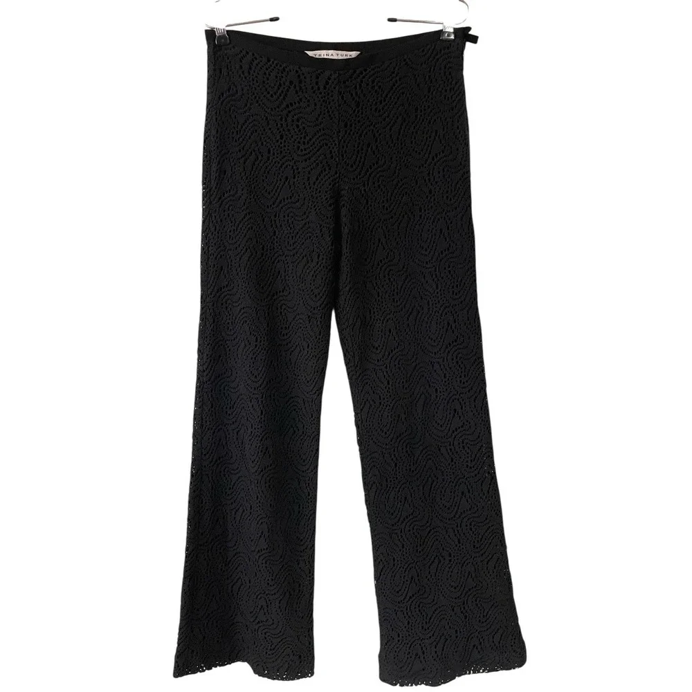 Trina Turk Black Crochet Lace Overlay Wide Leg Pant Beach Fairy Grunge Boho 2 - Picture 2 of 9